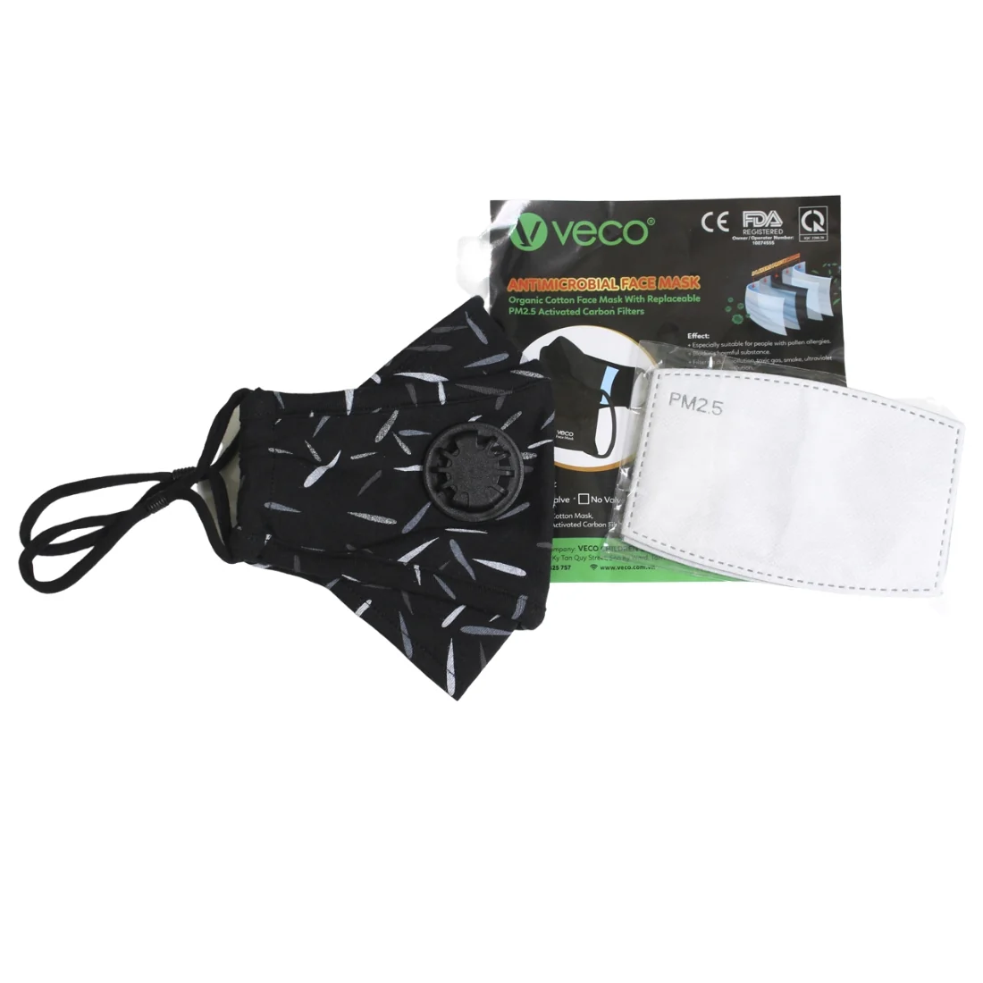 ADULT Washable Face Masks <br>3 layer ANTI-FOG FILTER & VALVE <br>Antimicrobial cloth fabric Black w/ Grey Lines - Image 3