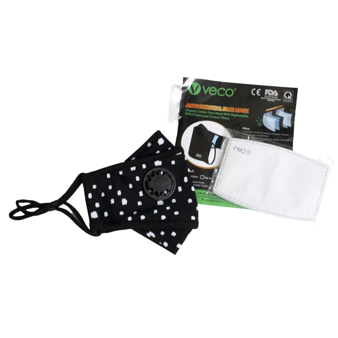 ADULT Washable Face Mask <br>3 layer ANTI-FOG FILTER & VALVE <br>Antimicrobial cloth fabric Black & White Square Dots - Image 2