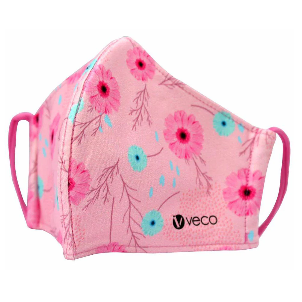 ADULT Washable Face Masks <br>3 layer Antimicrobial cloth fabric <br>Pink & Blue Gerbera - Image 2