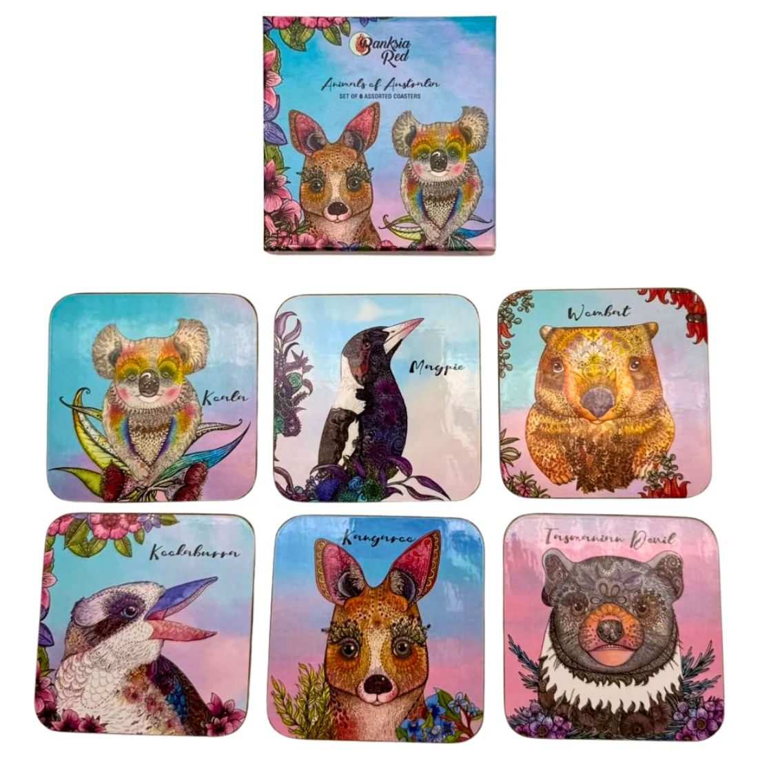Banksia Red Animals of Australia Coasters <br>Set Of 6 <br>10cm x 10cm - Image 2