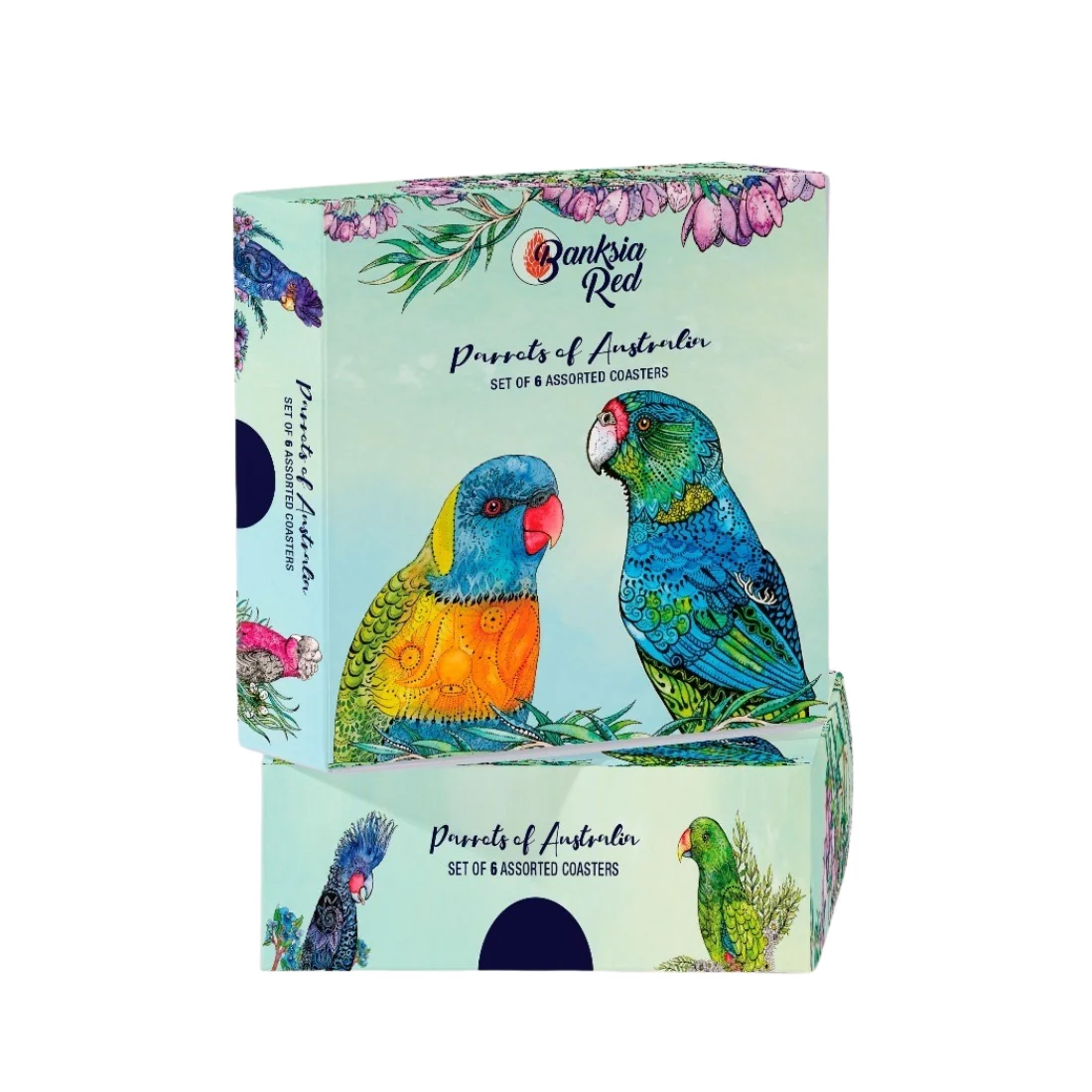 Banksia Red Parrots of Australia Coasters <br>Set Of 6 <br>10cm x 10cm - Image 3