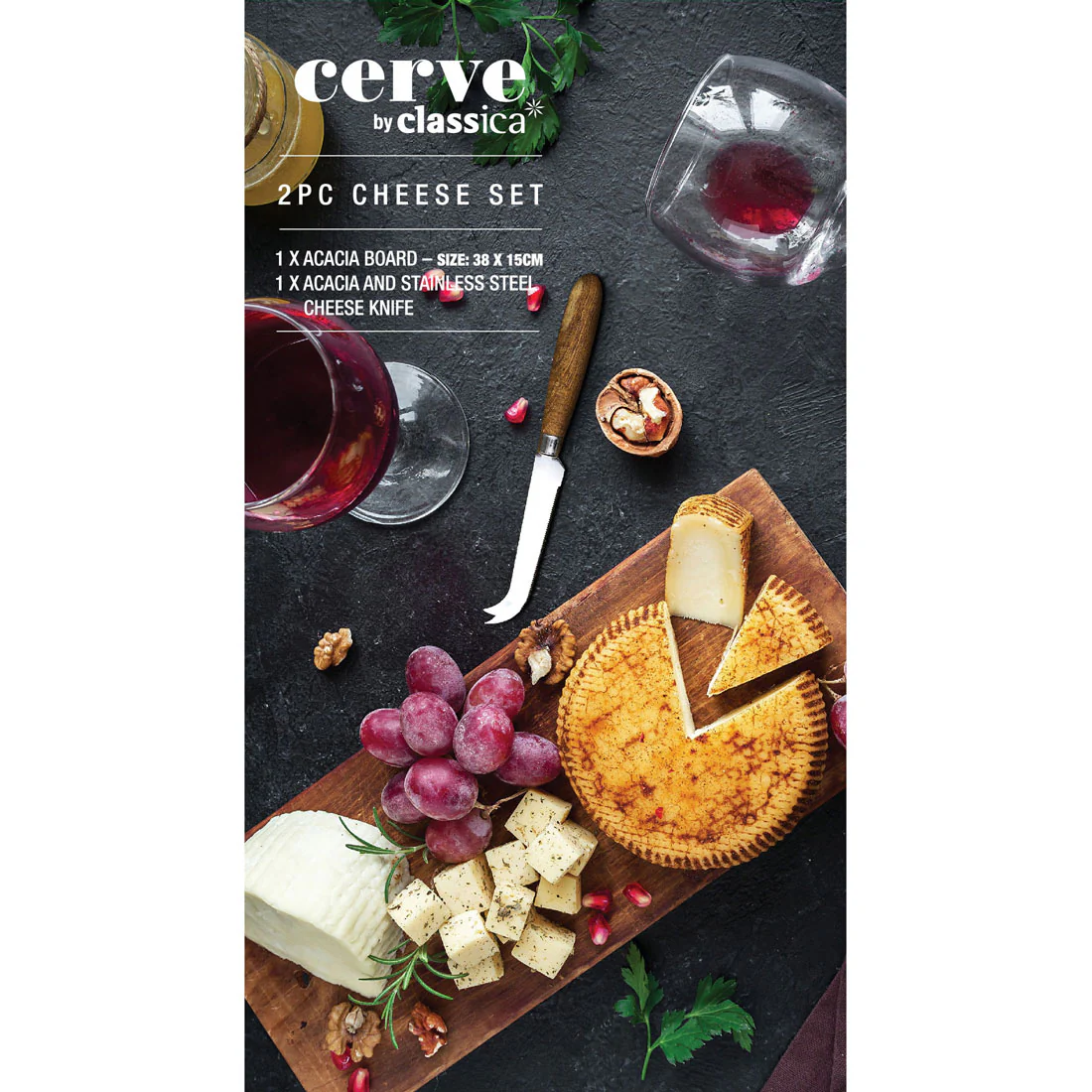 Cerve 2 Piece Cheese Set <br>1x Acacia Board - 38 x 15cm <br>1x Acacia & S/S Cheese Knife - 21.5cm* - Image 3