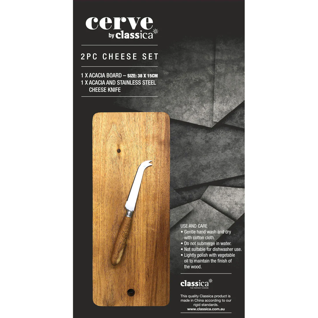 Cerve 2 Piece Cheese Set <br>1x Acacia Board - 38 x 15cm <br>1x Acacia & S/S Cheese Knife - 21.5cm* - Image 4