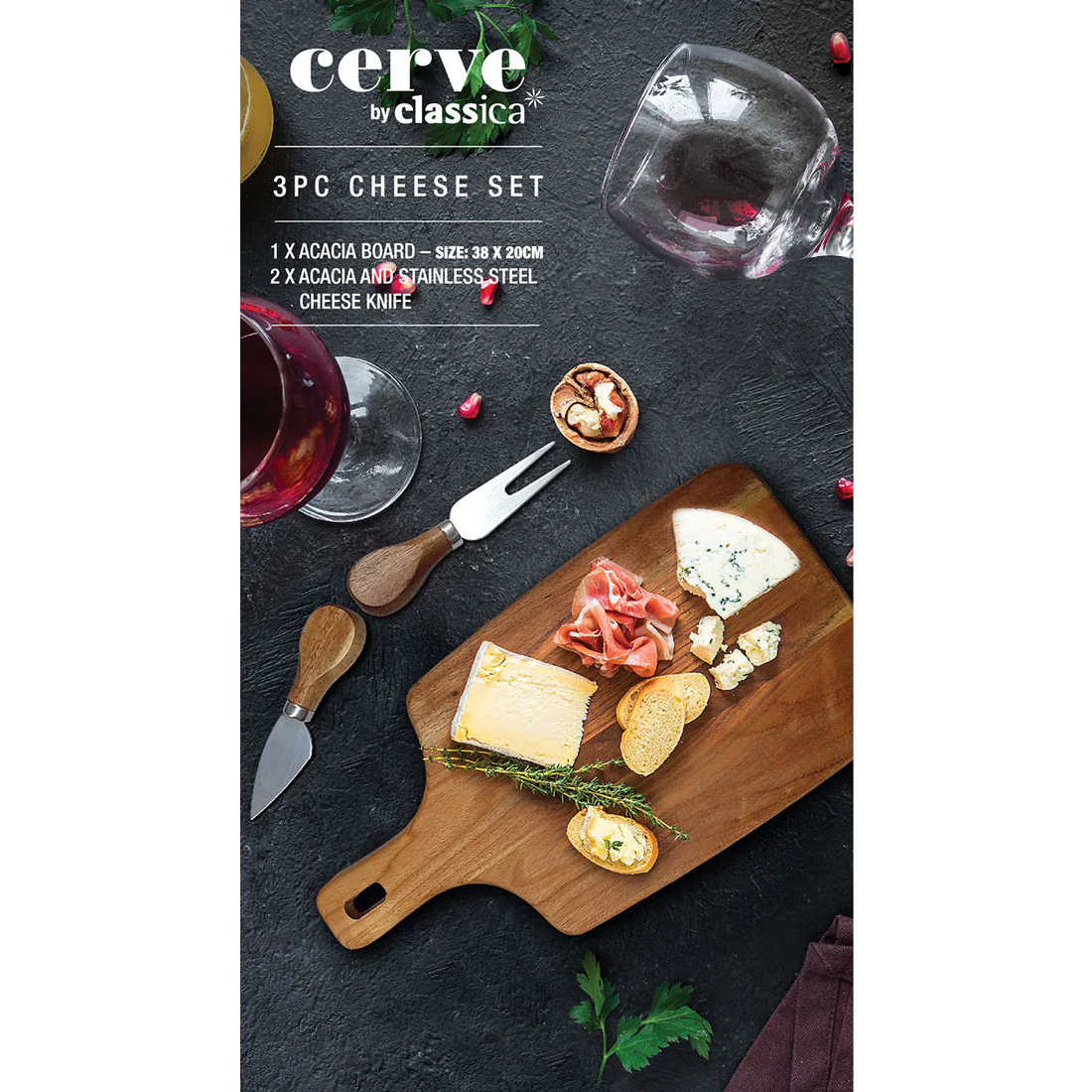 Cerve 3 Piece Cheese Set <br>1x Acacia Board - 38 x 20cm <br>2x Acacia & S/S Cheese Knife* - Image 3
