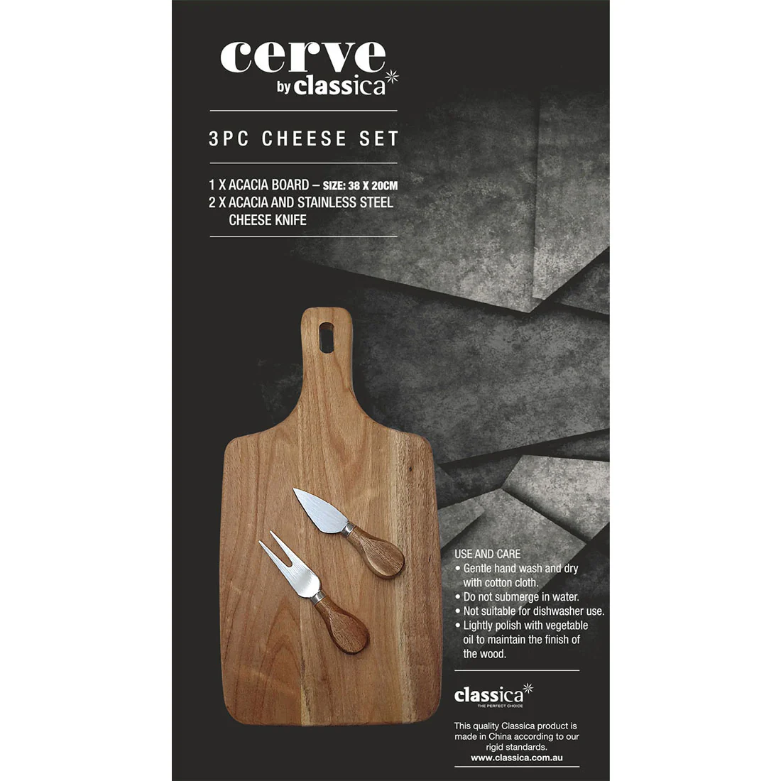 Cerve 3 Piece Cheese Set <br>1x Acacia Board - 38 x 20cm <br>2x Acacia & S/S Cheese Knife* - Image 4