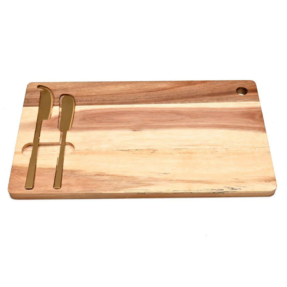 Cerve 3 Piece Cheese Set <br>Acacia Board - 35 x 20cm <br>Gold Cheese Knife Set* - Image 3