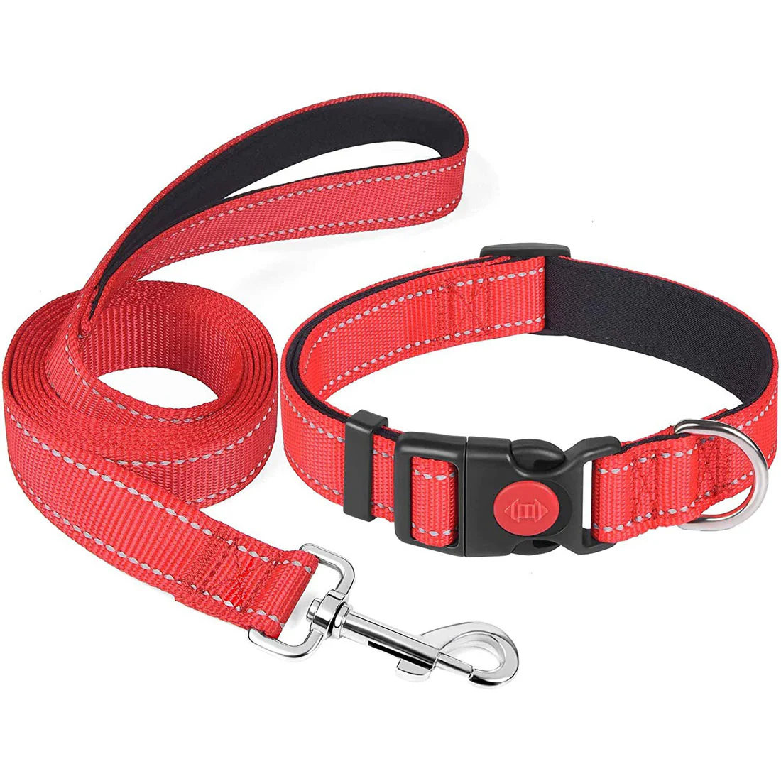 Furzone Adjustable Reflective Nylon Dog Collar & Lead Set <br>Red <br>Medium