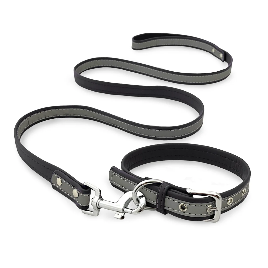 Furzone Large Reflective Vegan Leather Pet/Dog/Cat Collar & Lead Set <br>Black <br>Suitable for Neck Diameter 36-46cm