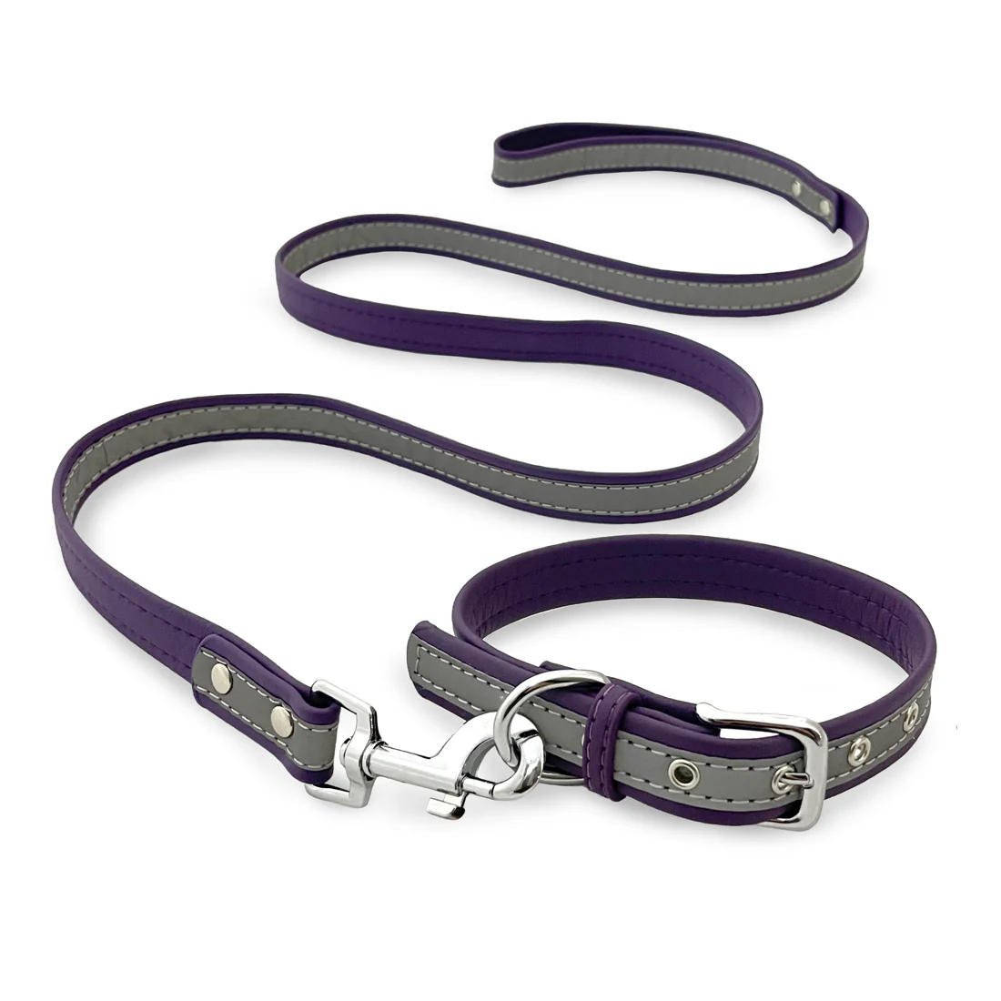 Furzone Small Reflective Vegan Leather Pet/Dog/Cat Collar & Lead Set <br>Purple <br>Suitable for Neck Diameter 26-32cm