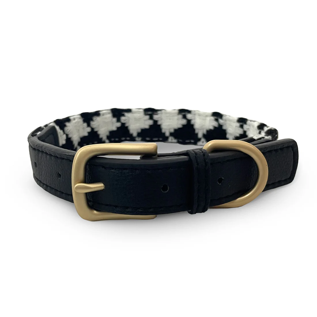 Furzone Small Vegan Leather & Fabric Dog Collar <br>Black & White <br>Suitable for Neck Diameter 30-39cm