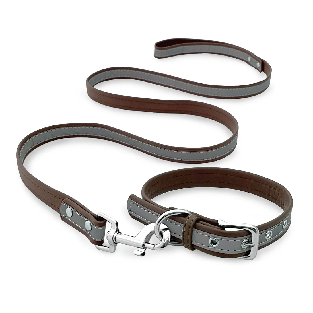 Furzone XXL Reflective Vegan Leather Pet/Dog/Cat Collar & Lead Set <br>Brown <br>Suitable for Neck Diameter 46-56cm
