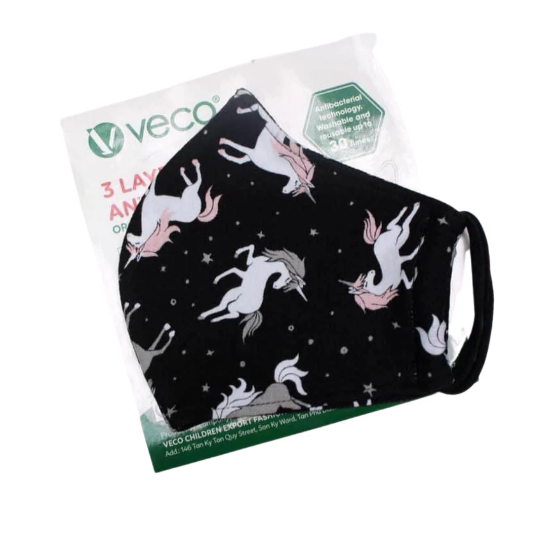 KIDS Washable Face Masks <br>3 layer Antimicrobial cloth fabric <br>Black Unicorn - Image 2