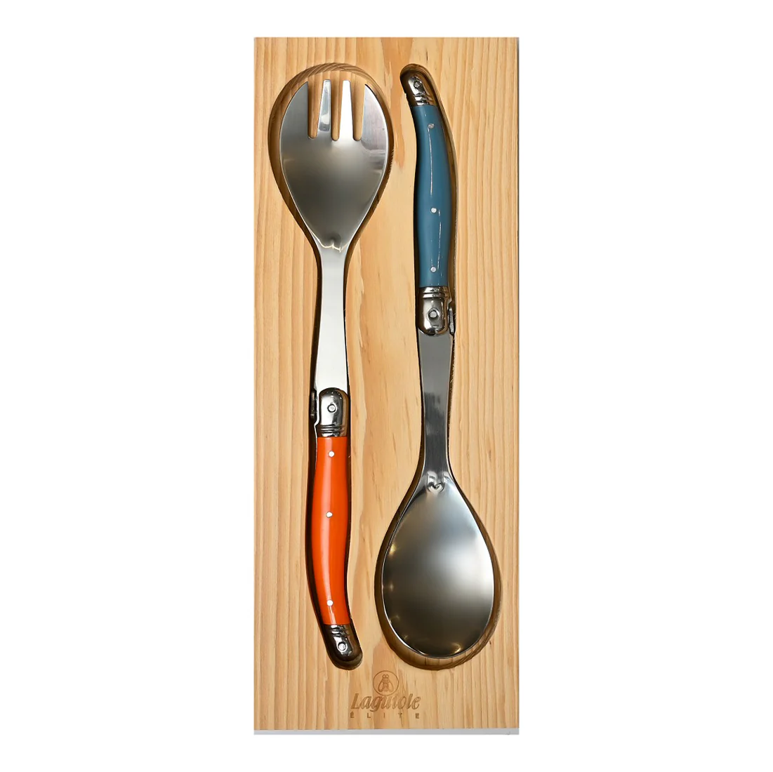 Laguiole 2 piece Salad Server Set <br>1 x Spoon 1 x Fork <br>Dark Blue & Orange - Image 2