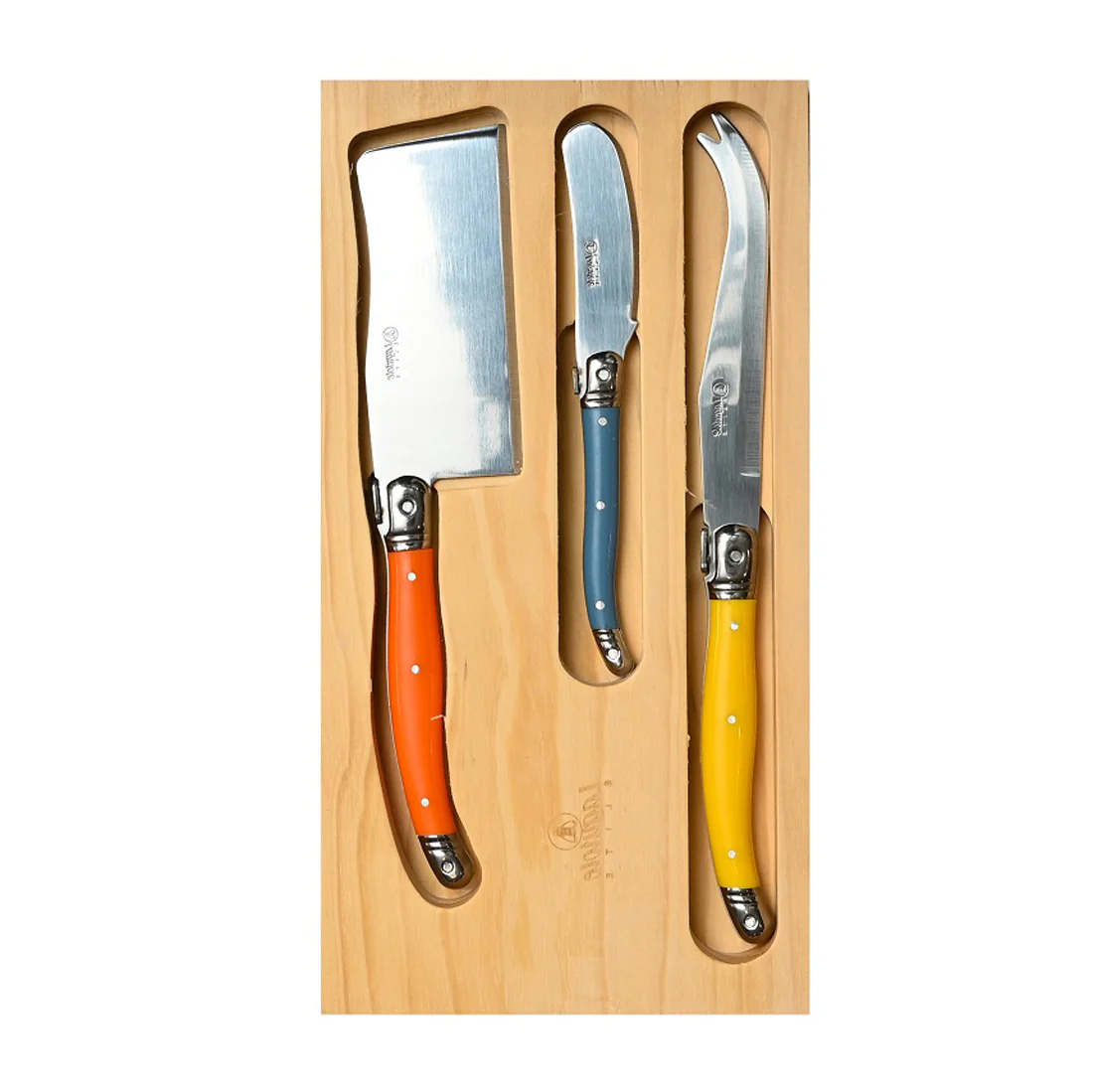 Laguiole 3 piece Cheese Set <br>Cheese Knife, Pate Knife & Cheese Cleaver <br>Multi Coloured*