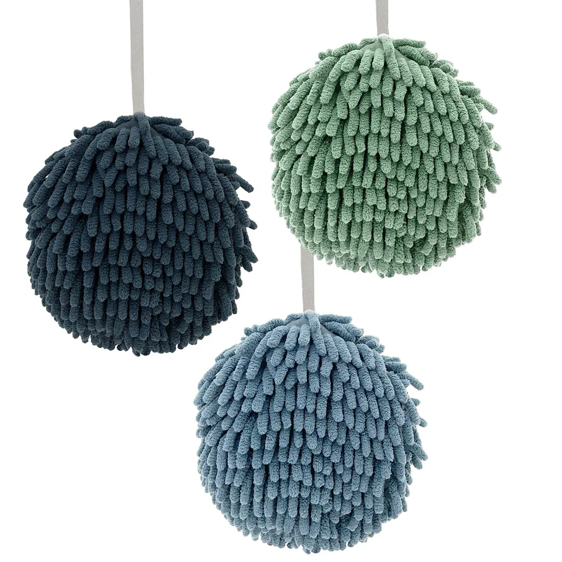 POM POM Hanging Hand Towel 3 Pack <br>Super Soft Chenille <br>Denim, Mint & Sky Blue