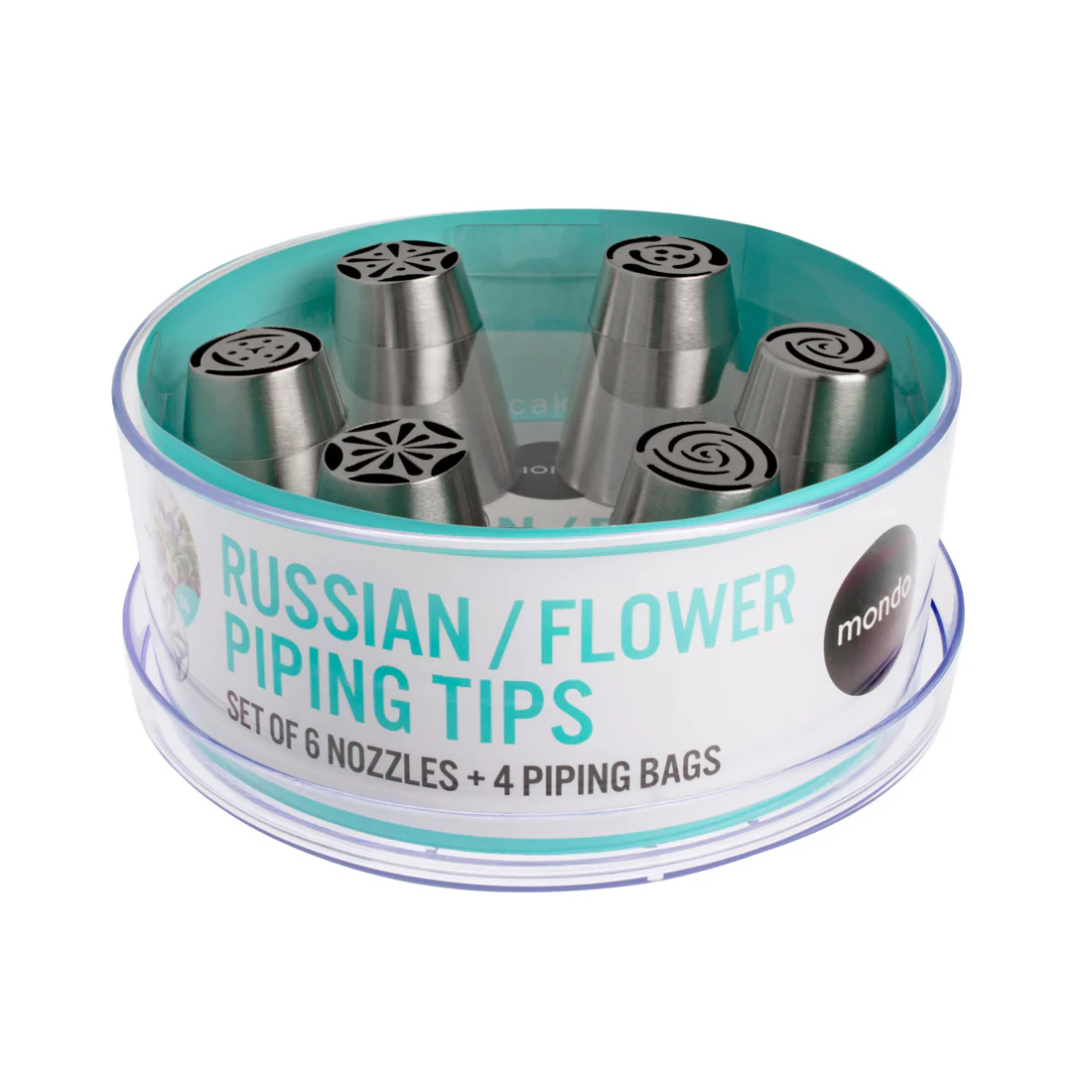 Russian/Flower Piping Nozzle & Piping Bag Set <br>Stainless Steel <br>Set of 10 - 6 x Nozzles & 4 Piping Bags