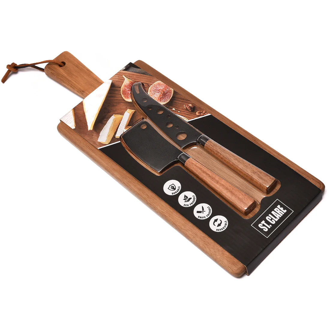 St Clare 3 Piece Cheese Board Set <br>1 x Acacia Board, 2 x Acacia & S/S Cheese Knives <br>Black Stainless Steel - Image 4