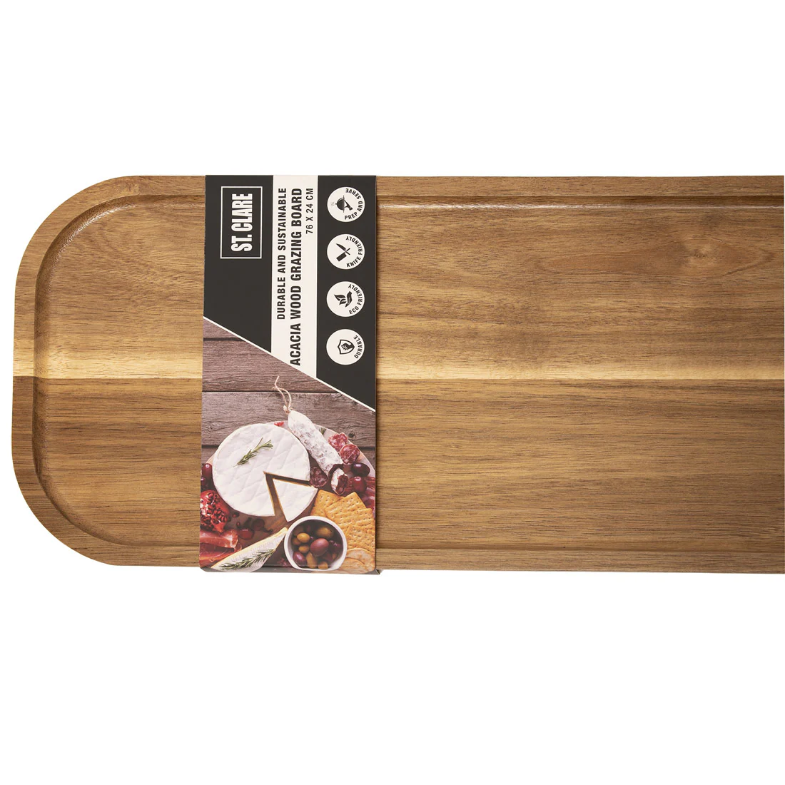 St Clare Grazing Board <br>100% Solid Acacia Wood <br>Dimensions - 76 x 24 x 2cm - Image 2