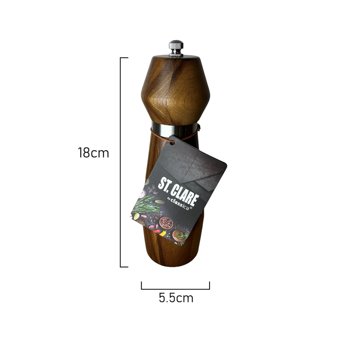 St Clare Salt & Pepper Grinder <br>Ceramic Mechanism <br>Acacia & Stainless Steel | 18cm - Image 2