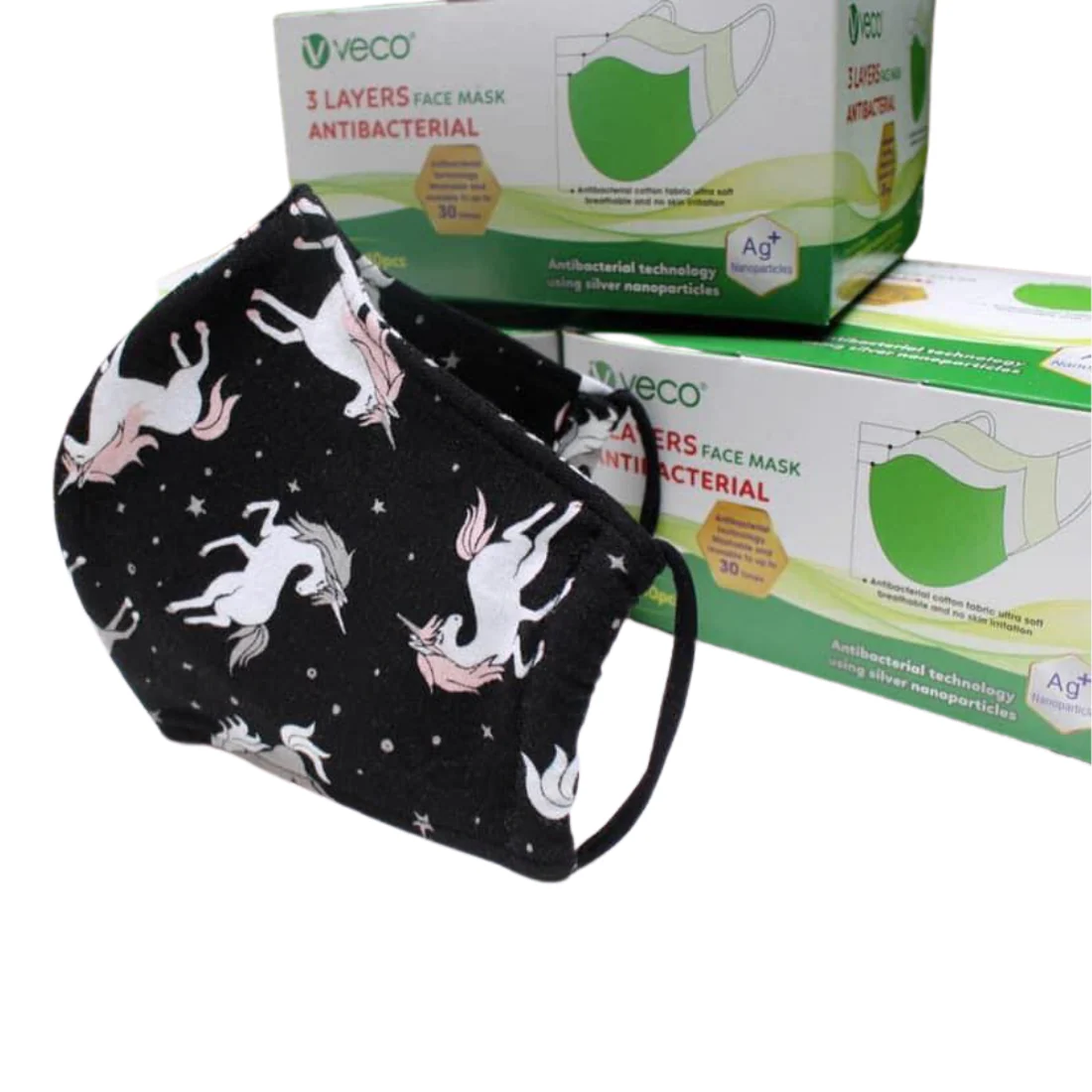 ADULT Washable Face Masks <br>3 layer Antimicrobial cloth fabric <br>Black Unicorn - Image 3